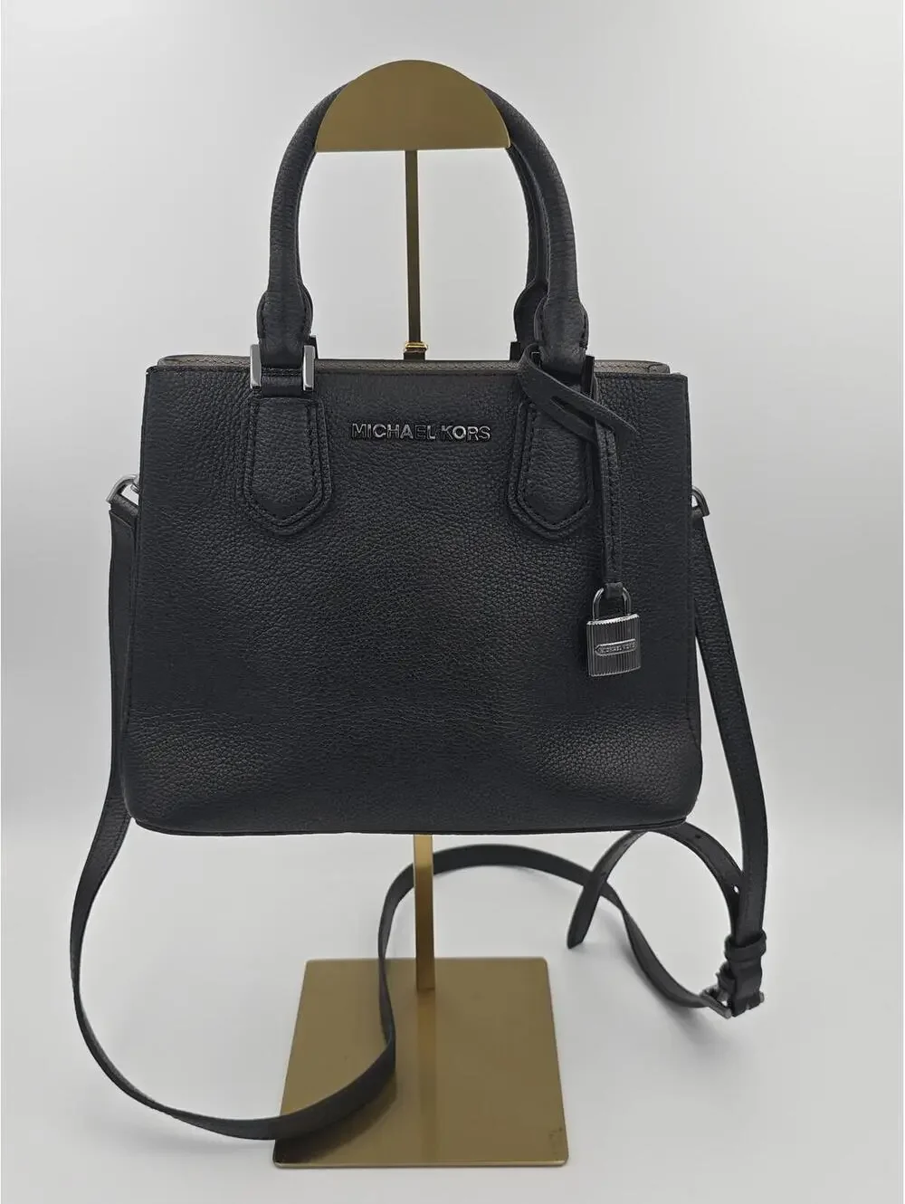 Michael Kors Adele Black Pebbled Leather Satchel Crossbody Bag Silver Hardware